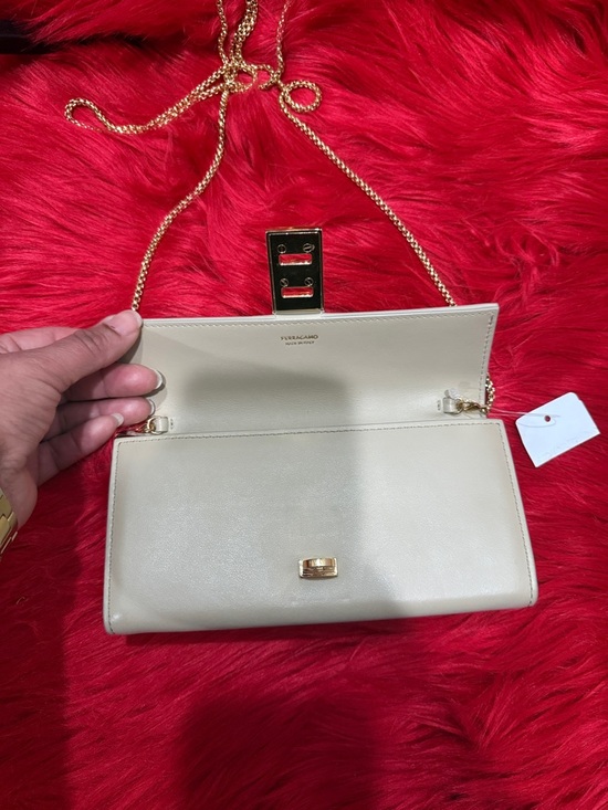 Salvatore Ferragamo Handbags - Salvatore Ferragamo Cream Leather Chain Wristlet with Gold Hardware